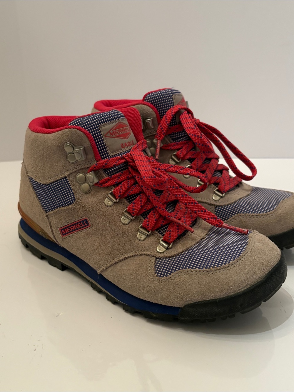 Merrell Eagle Origins Vintage Hiking Boots Suede Canvas Gray Red Blue Womens 7.5
